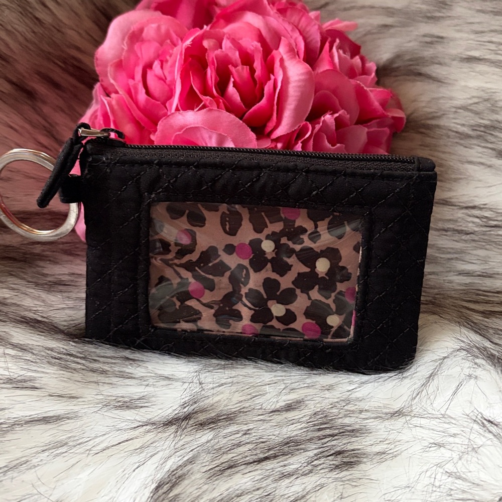 Vera Bradley Black quilted fabric zip ID case and key ring